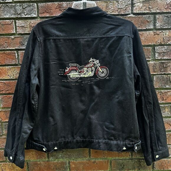 Christine Alexander Black Denim Jacket Sz L Swarovski Crystals Studs Motorcycle - Picture 1 of 10